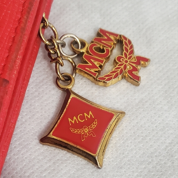 MCM Red Leather Studded Logo Motifs Trifold Wallet w/ Charms - Picture 4 of 16